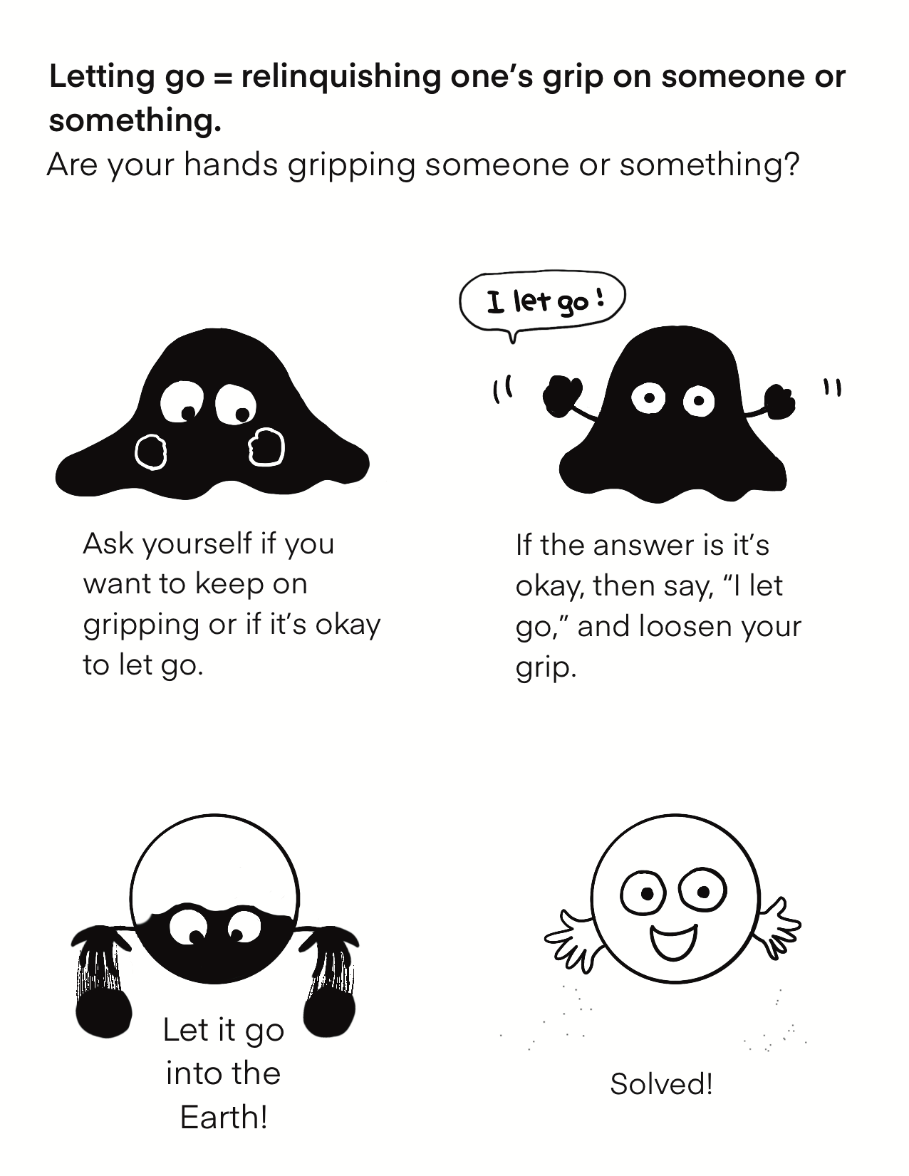 A page from 'How to Solve a Problem' zine with illustrations of blob character letting go.