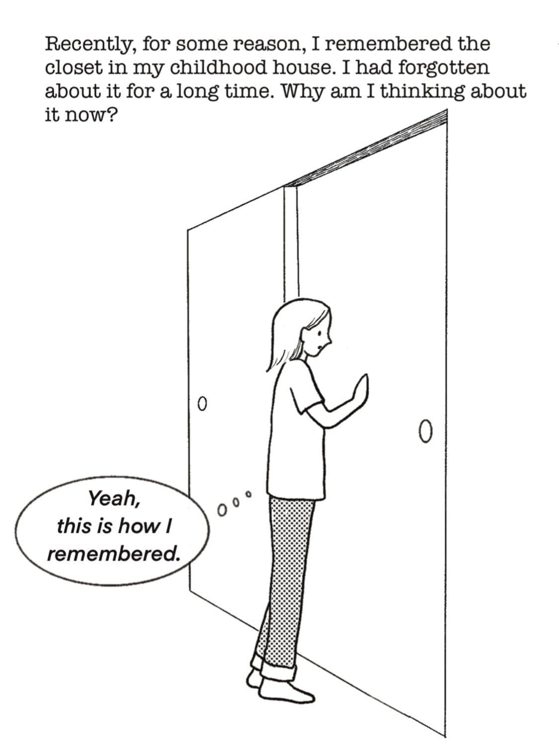 Page from 'Closet' zine by Demi Naito showing woman standing in front of closet door remembering her past.