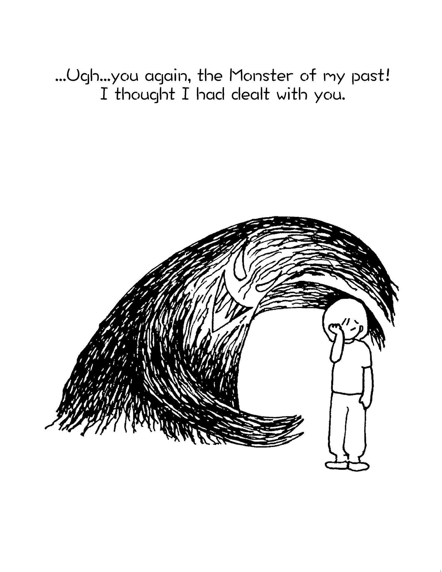 Illustration of a person standing under a large, menacing shadow with text about dealing with past trauma.