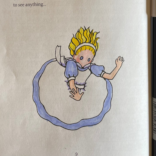Alice falling into the well. Colored with markers.