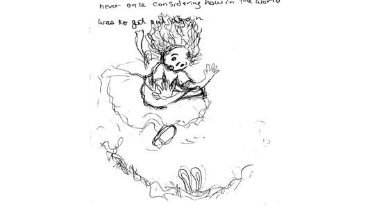 Comic-style illustration of Alice jumping into the rabbit hole