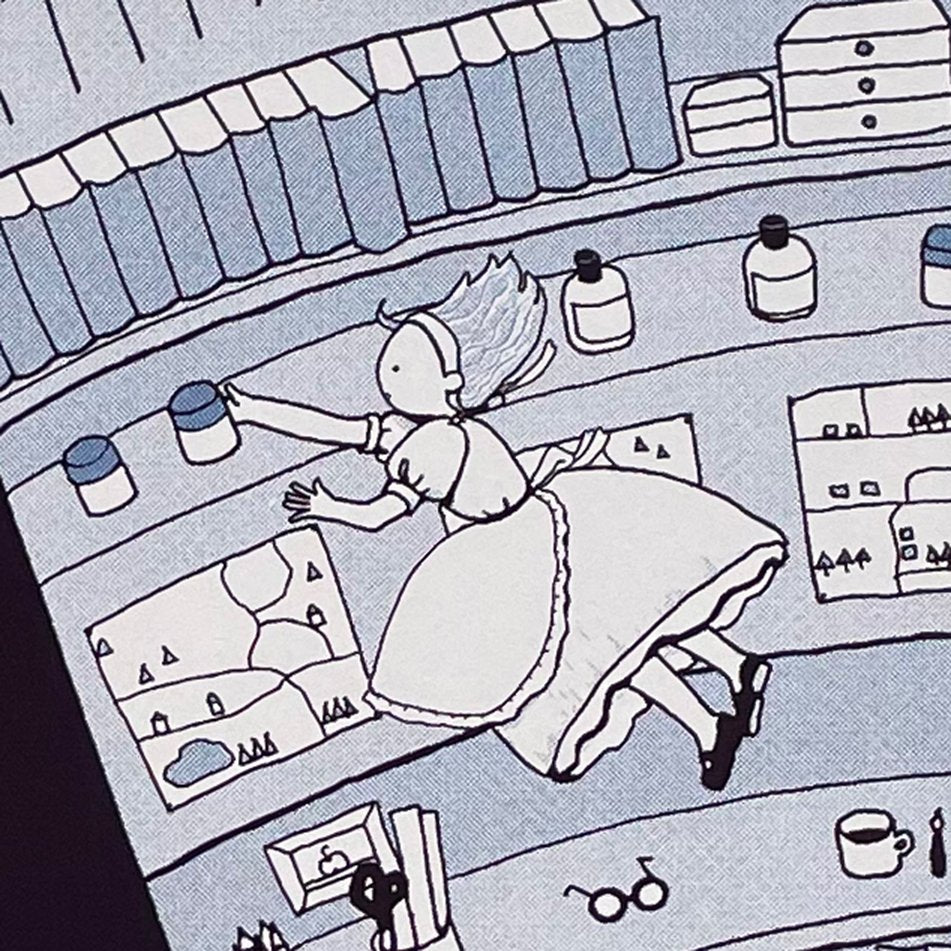 Illustration of Alice falling into Wonderland surrounded by various objects on shelves.