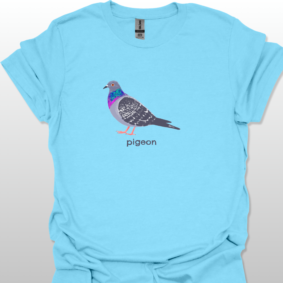 Light blue t-shirt with a pigeon graphic and 'pigeon' text on a light gray background