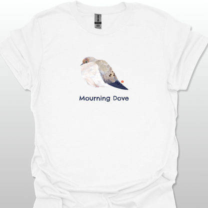 White t-shirt with a graphic of a mourning dove and text on a white background