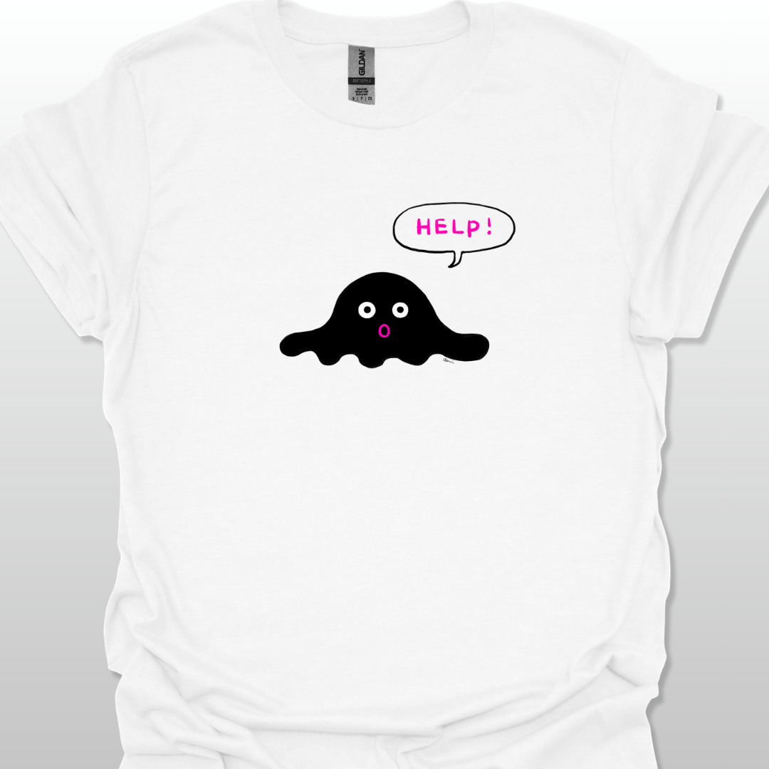 White t-shirt with a black blob design and 'HELP!' speech bubble on a white background