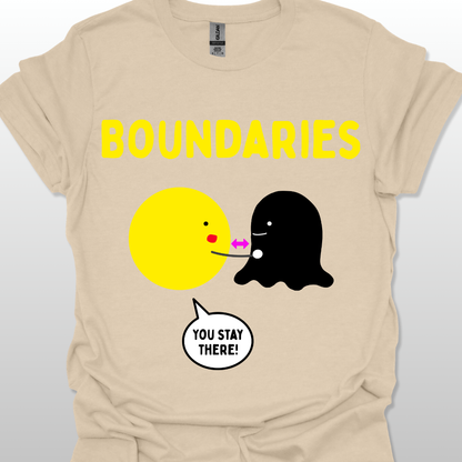 Sand t-shirt with two cartoon characters and text 'BOUNDARIES YOU STAY THERE!' on a white background