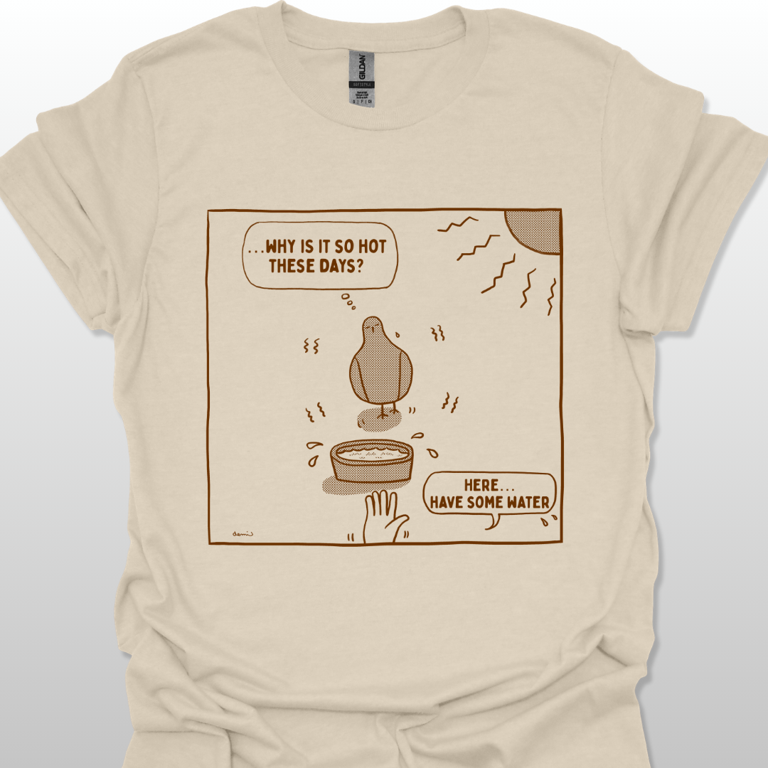 Sand t-shirt with a comic design of a dove under the sun on a white background
