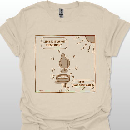 Sand t-shirt with a comic design of a dove under the sun on a white background