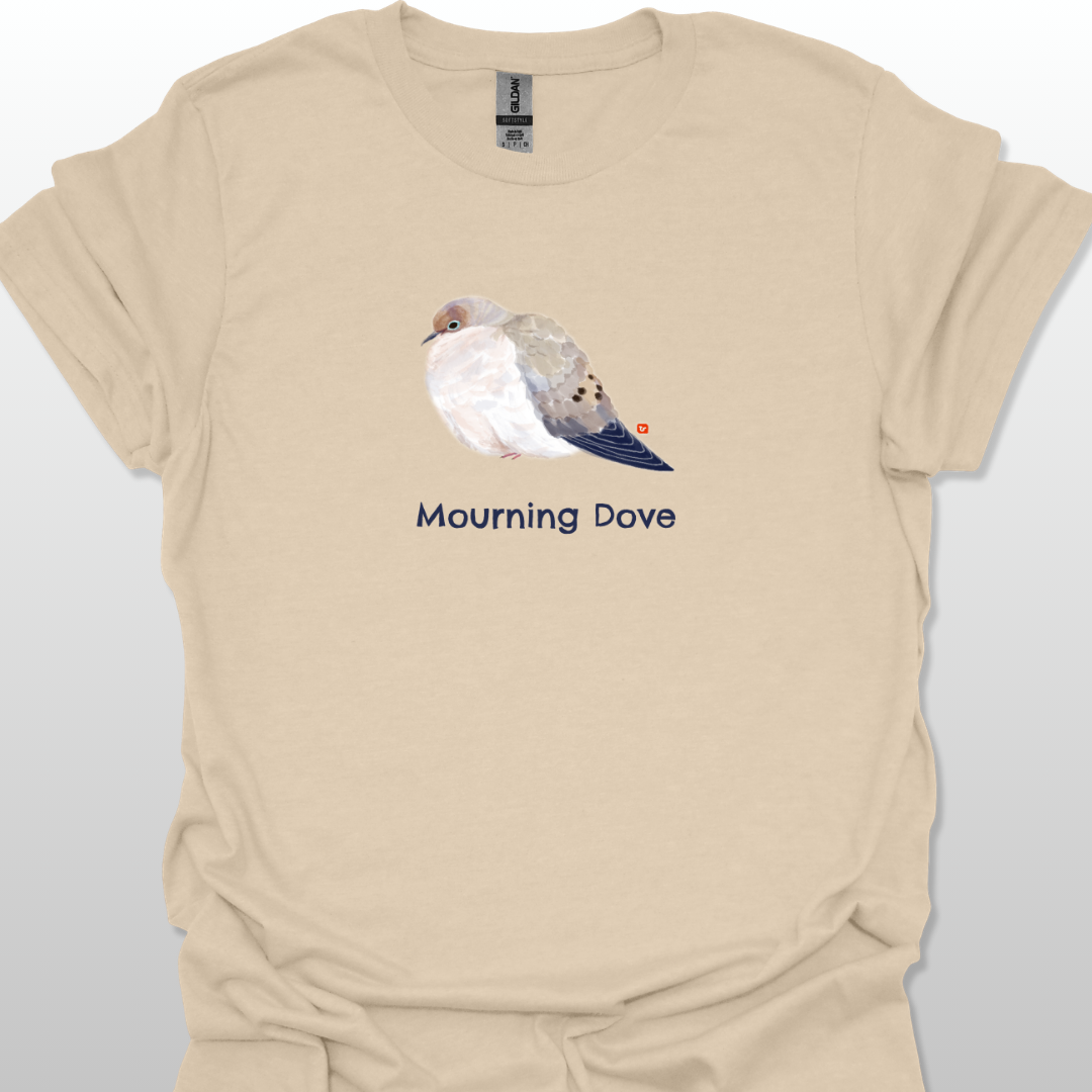Beige t-shirt with a graphic of a mourning dove and text on a light gray background