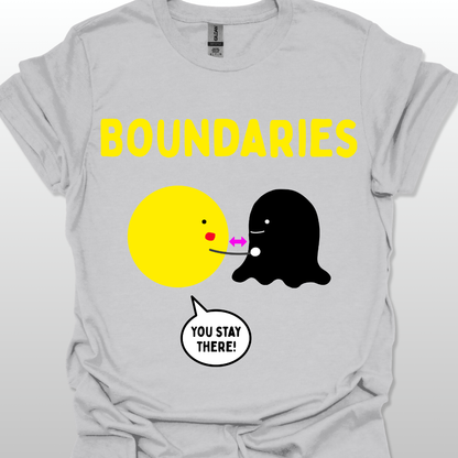 Grey t-shirt with two cartoon characters and text 'BOUNDARIES YOU STAY THERE!' on a white background
