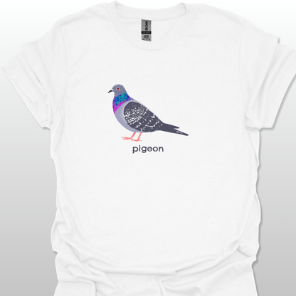 White t-shirt with a colorful pigeon graphic and 'pigeon' text on a light gray background