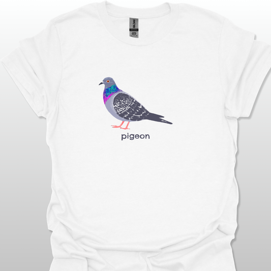 White t-shirt with a colorful pigeon graphic and 'pigeon' text on a light gray background