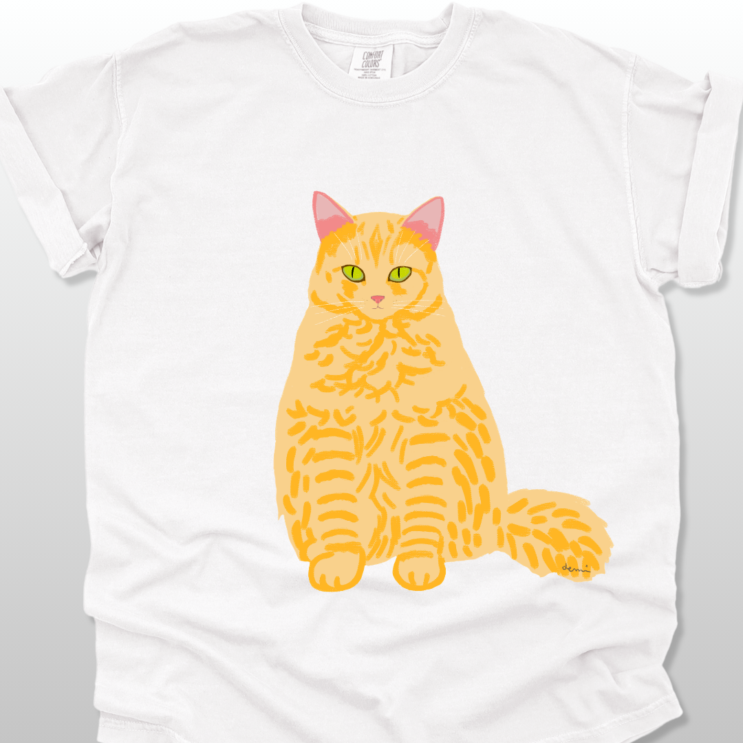 A white unisex T-shirt with a cat graphic on the front.