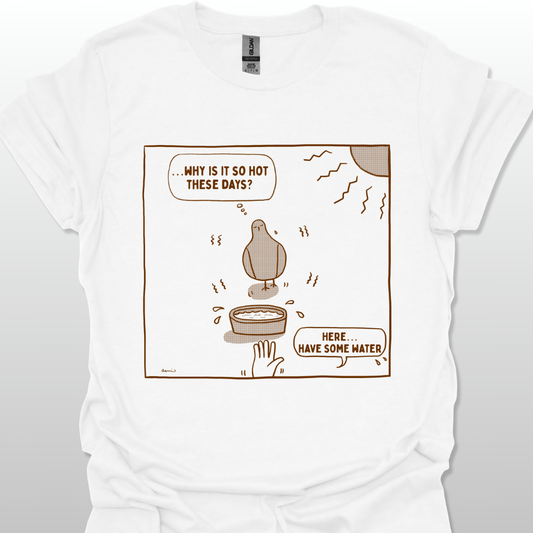 White t-shirt with a cartoon design of a dove under the sun on a white background