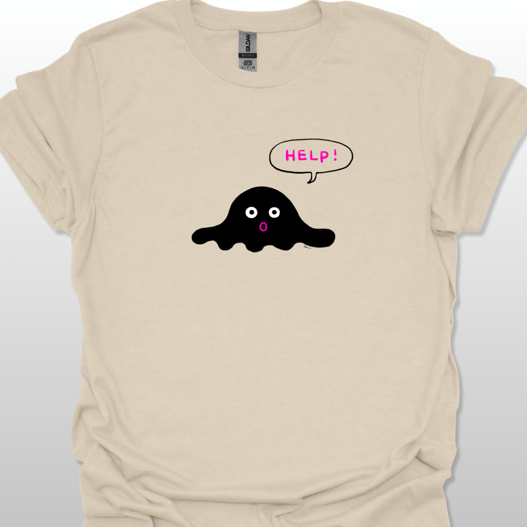 Beige t-shirt with a black blob design and 'HELP!' speech bubble on a white background