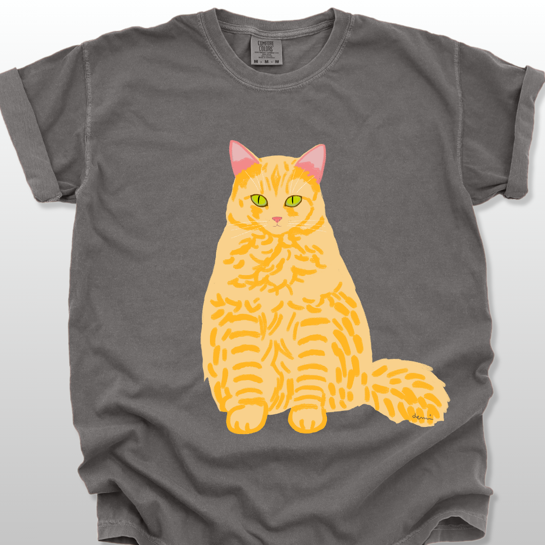 Gray unisex t-shirt with a yellow cat graphic