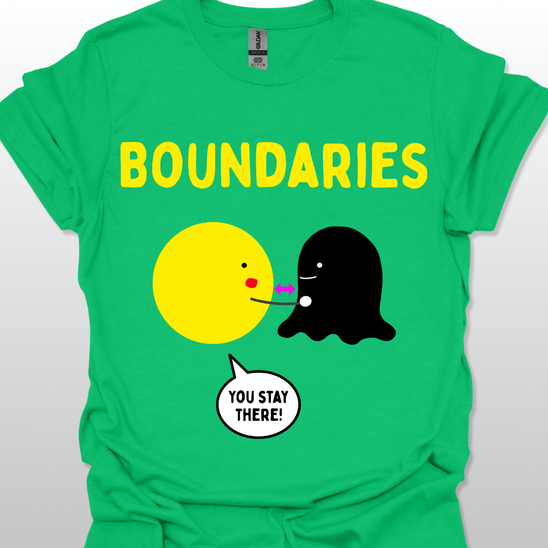 Irish green T-shirt with two cartoon characters and text 'BOUNDARIES YOU STAY THERE!' on a white background