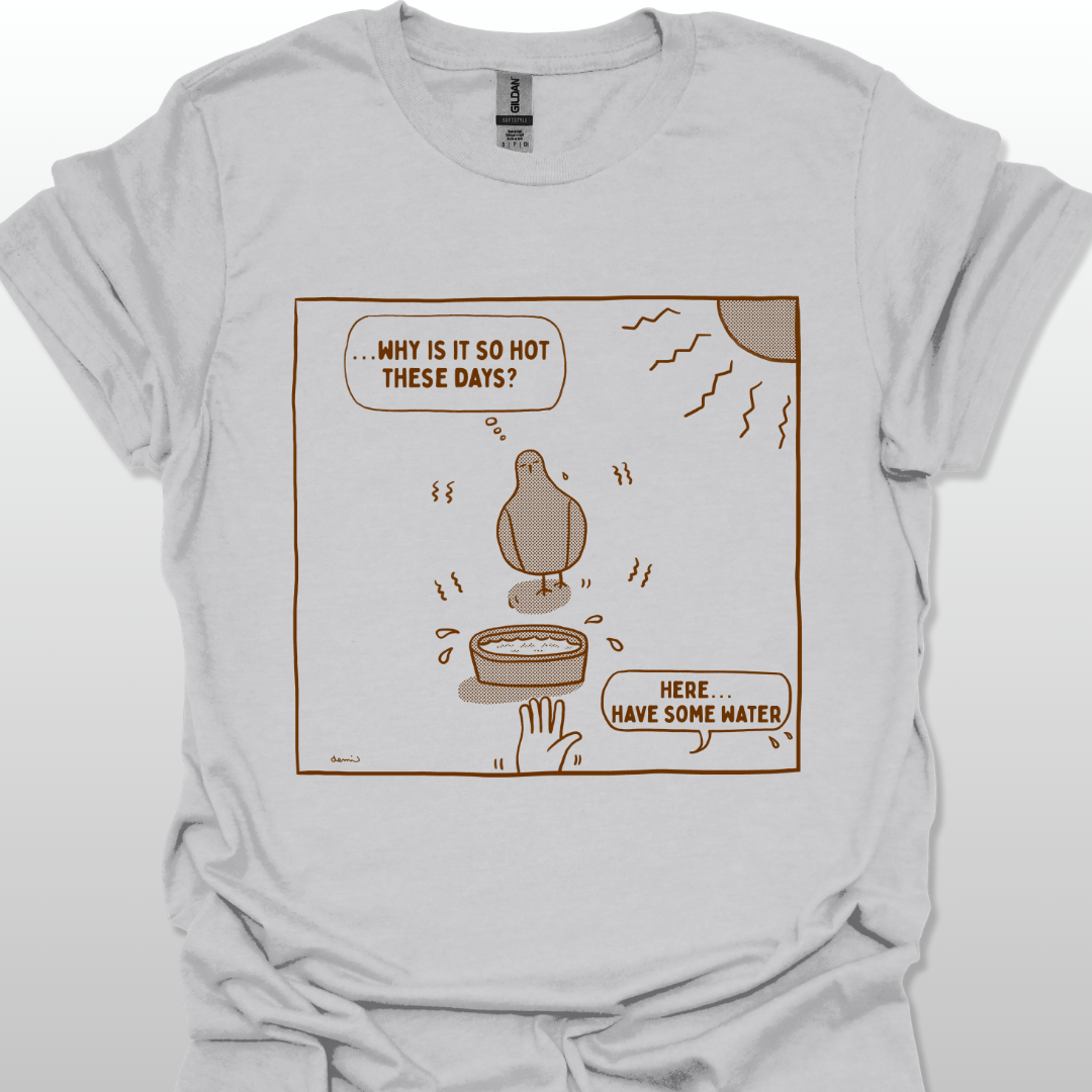 Ice grey t-shirt with a cartoon design of a dove under the sun on a white background