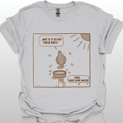 Ice grey t-shirt with a cartoon design of a dove under the sun on a white background