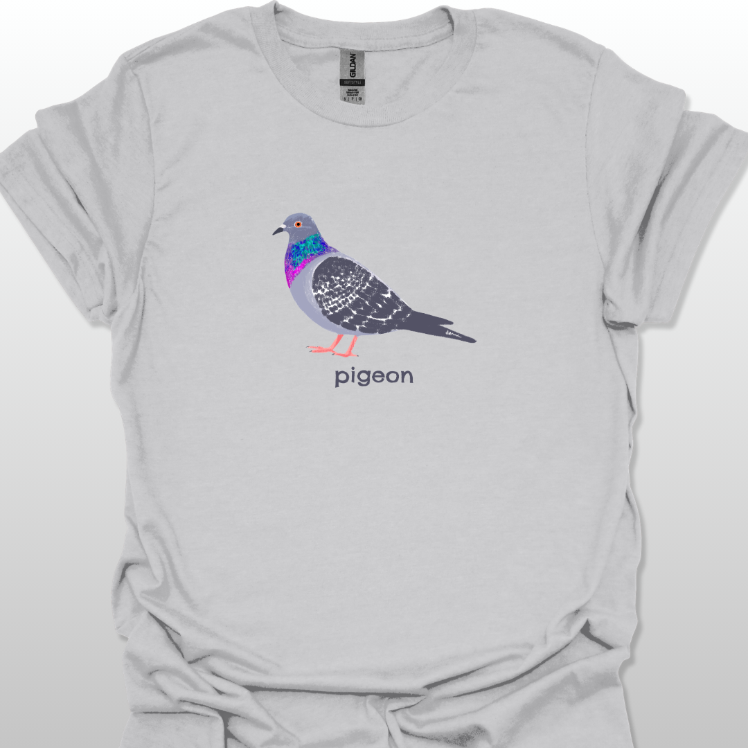 Gray t-shirt with a colorful pigeon graphic and 'pigeon' text on a white background