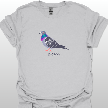 Gray t-shirt with a colorful pigeon graphic and 'pigeon' text on a white background