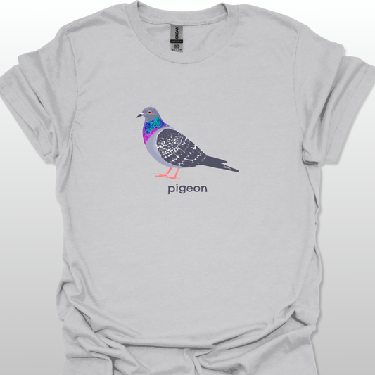 Gray t-shirt with a colorful pigeon graphic and 'pigeon' text on a white background