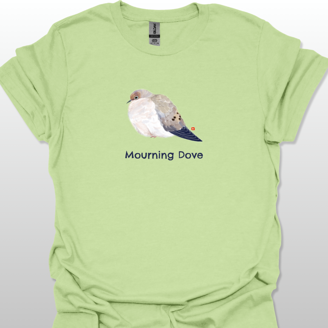 Light green t-shirt with a graphic of a mourning dove and text on a white background
