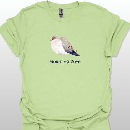 Light green t-shirt with a graphic of a mourning dove and text on a white background
