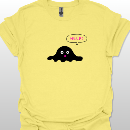 Yellow t-shirt with a black blob design and 'HELP!' speech bubble on a white background
