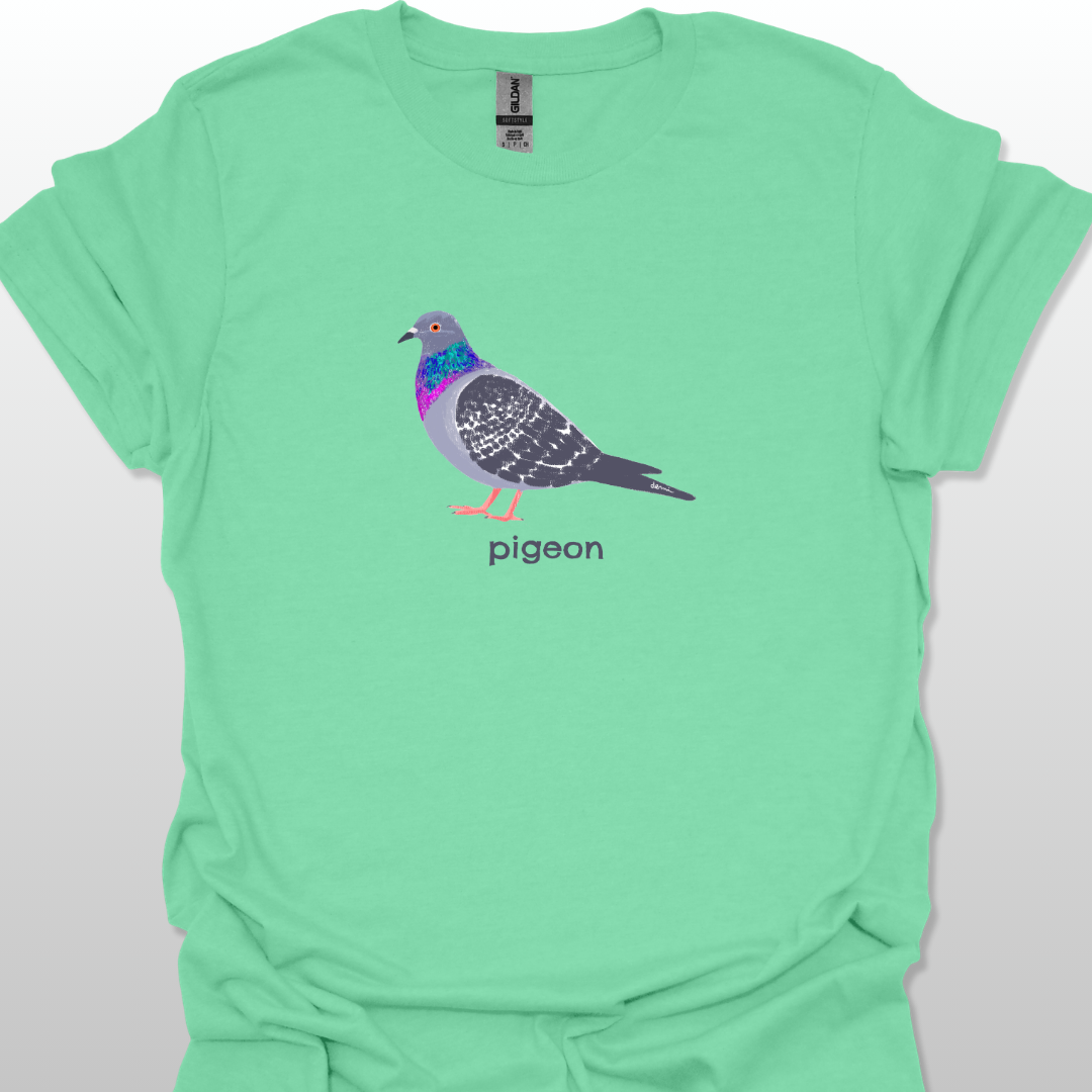 Mint green t-shirt with a pigeon graphic and 'pigeon' text on a white background