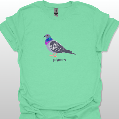 Mint green t-shirt with a pigeon graphic and 'pigeon' text on a white background
