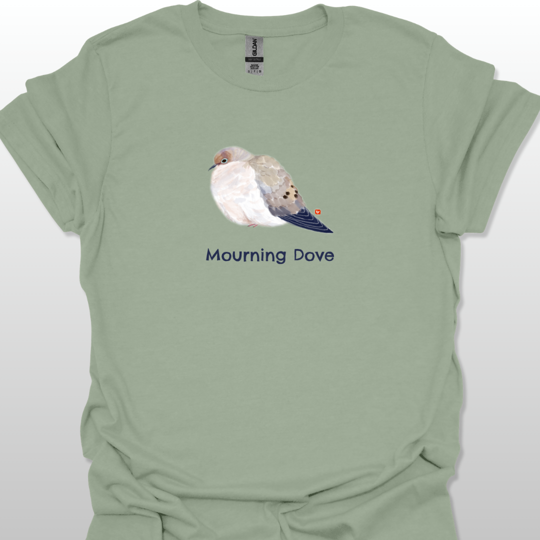Green t-shirt with a mourning dove graphic and text on a white background