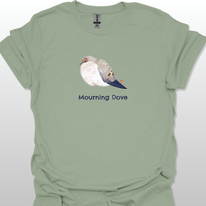 Green t-shirt with a mourning dove graphic and text on a white background