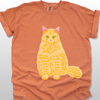 Yam/orange unisex t-shirt with a yellow cat graphic