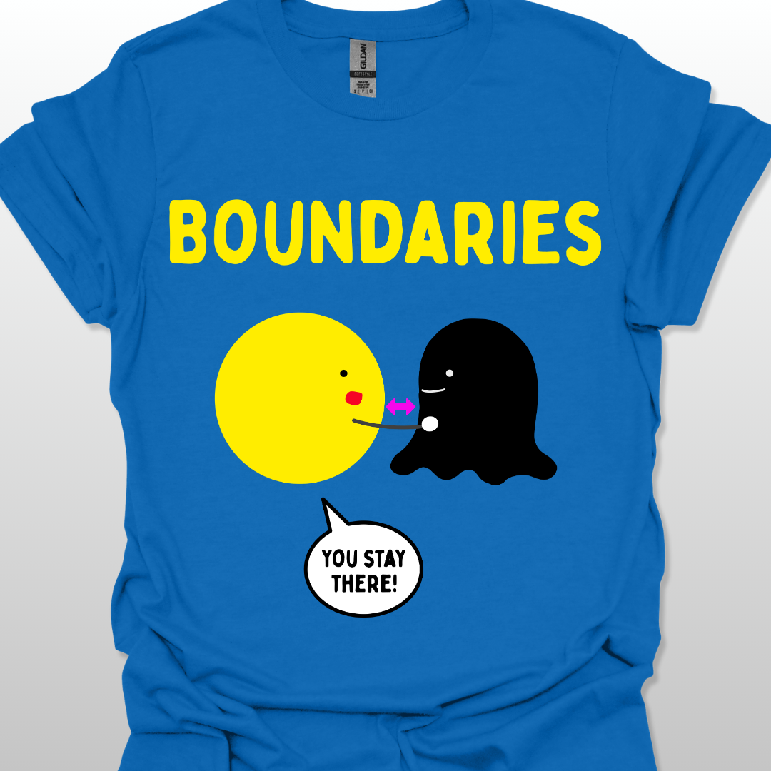 Blue t-shirt with two cartoon characters and text 'BOUNDARIES YOU STAY THERE!' on a white background