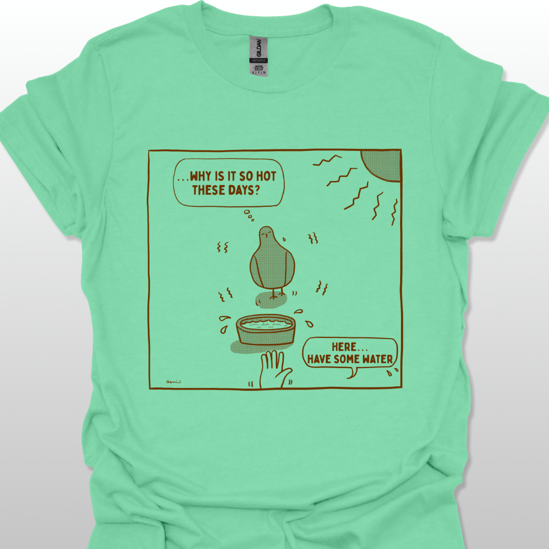 Mint green t-shirt with a cartoon design of a dove under the sun on a white background