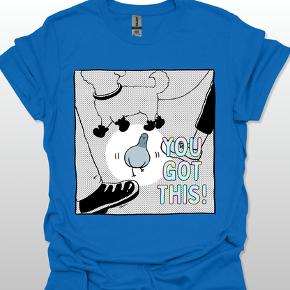 Blue t-shirt with a graphic design of a pigeon and text 'YOU GOT THIS!' on a white background