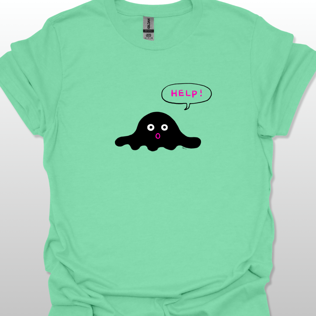 Mint green t-shirt with a black blob graphic and 'HELP!' speech bubble on a white background