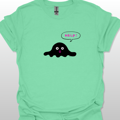 Mint green t-shirt with a black blob graphic and 'HELP!' speech bubble on a white background