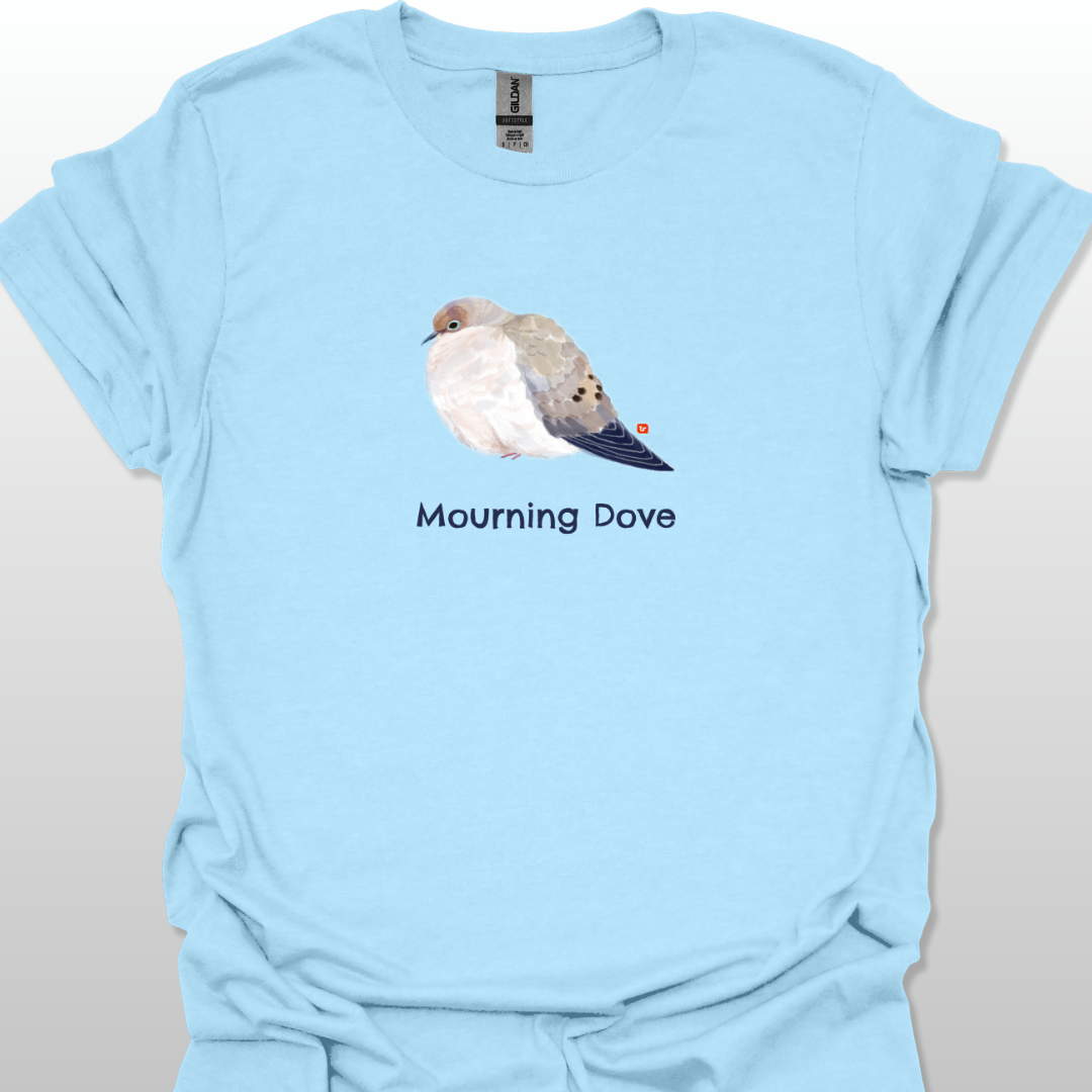 Light blue t-shirt with a mourning dove graphic and text on a light gray background