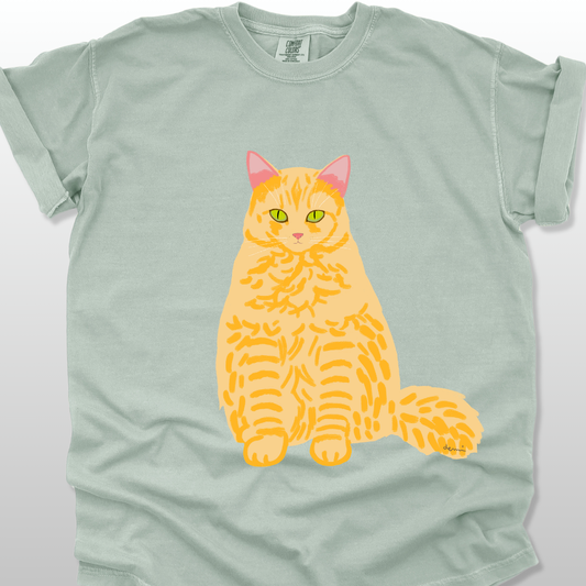 A sage unisex T-shirt with a cat graphic on the front.