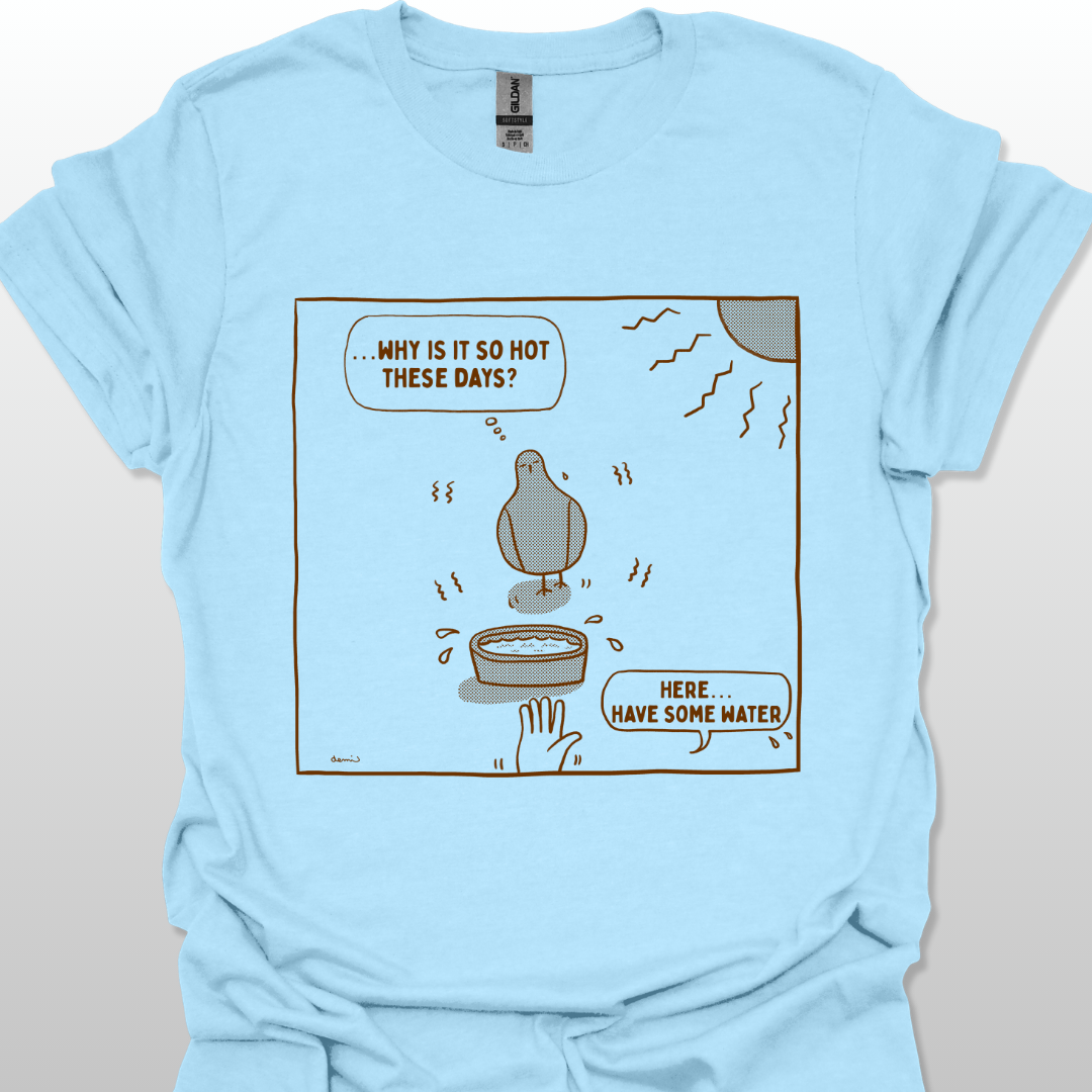 Light blue t-shirt with a cartoon design of a dove under the sun on a white background