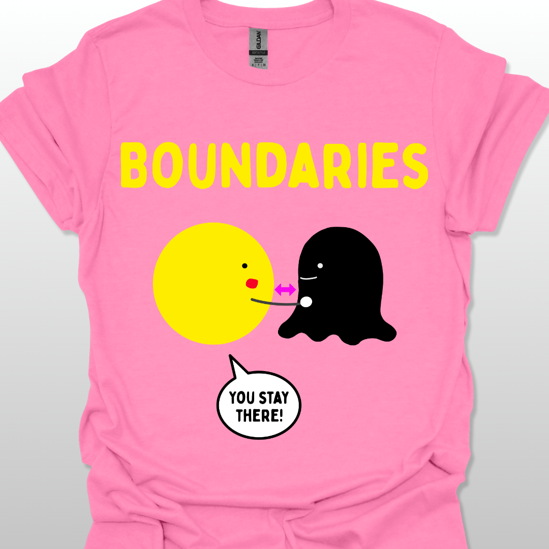 Azalea pink t-shirt with two cartoon characters and text 'BOUNDARIES YOU STAY THERE!' on a white background