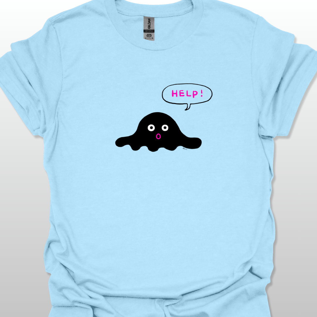 Light blue t-shirt with a black blob graphic and 'HELP!' speech bubble on a plain background