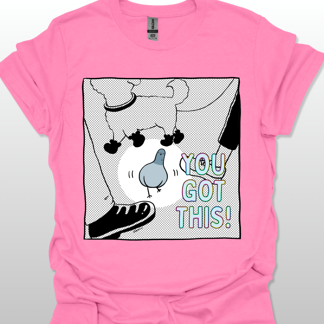 Pink t-shirt with a graphic design and text 'YOU GOT THIS!' on a gray background