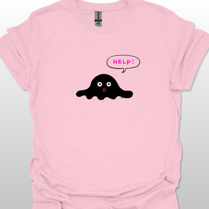 Pink t-shirt with a black blob graphic and 'HELP!' speech bubble on a light gray background
