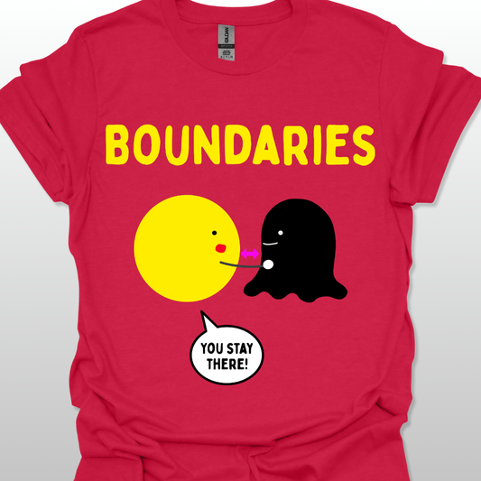 Red t-shirt with two cartoon characters and text 'BOUNDARIES YOU STAY THERE!' on a white background