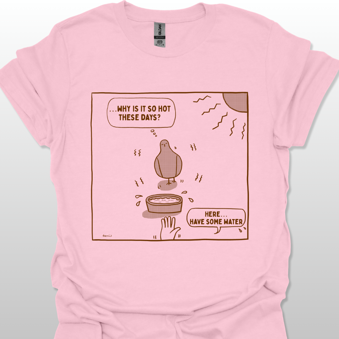 Azalea pink t-shirt with a cartoon design of a dove under the sun on a white background