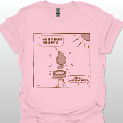 Azalea pink t-shirt with a cartoon design of a dove under the sun on a white background