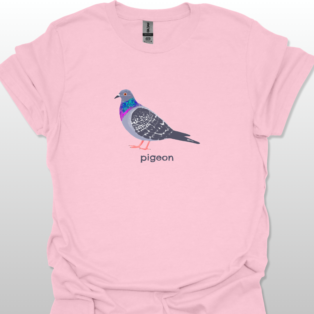 Pink t-shirt with a pigeon graphic and 'pigeon' text on a light gray background
